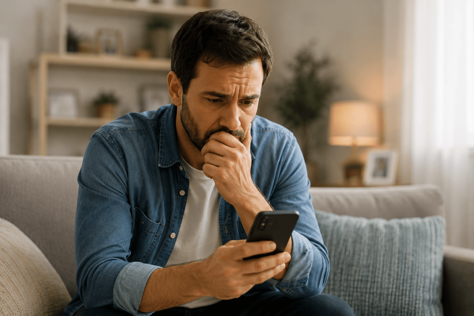 Homem preocupado olhando o celular