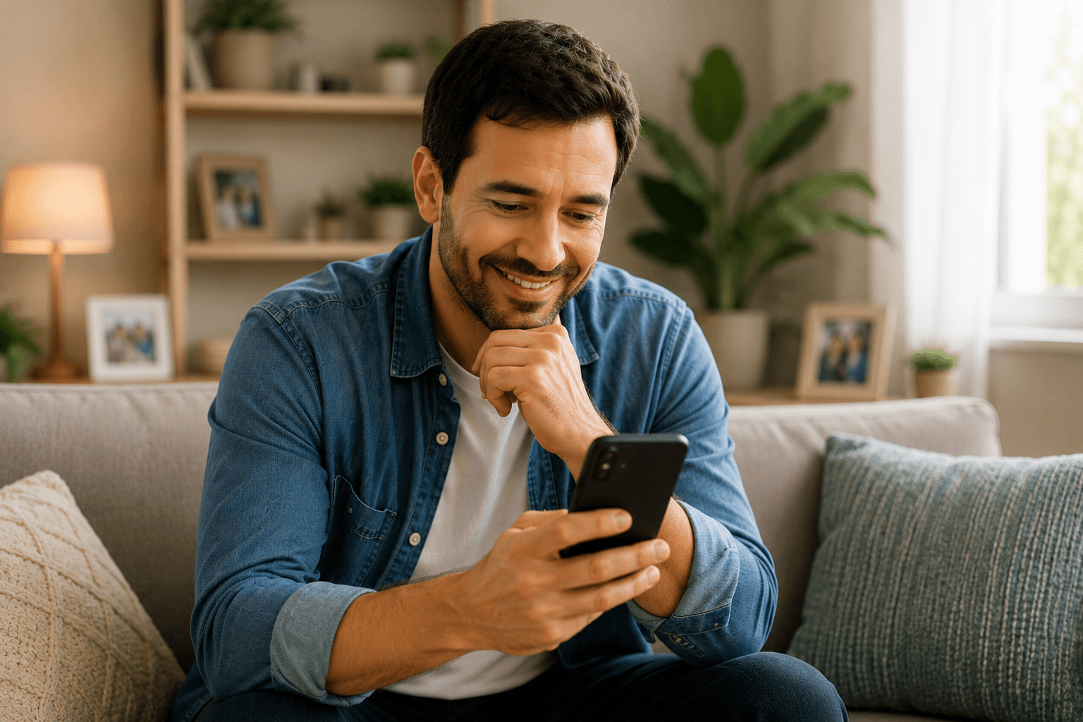 Mesmo homem, agora tranquilo e sorrindo ao olhar o celular