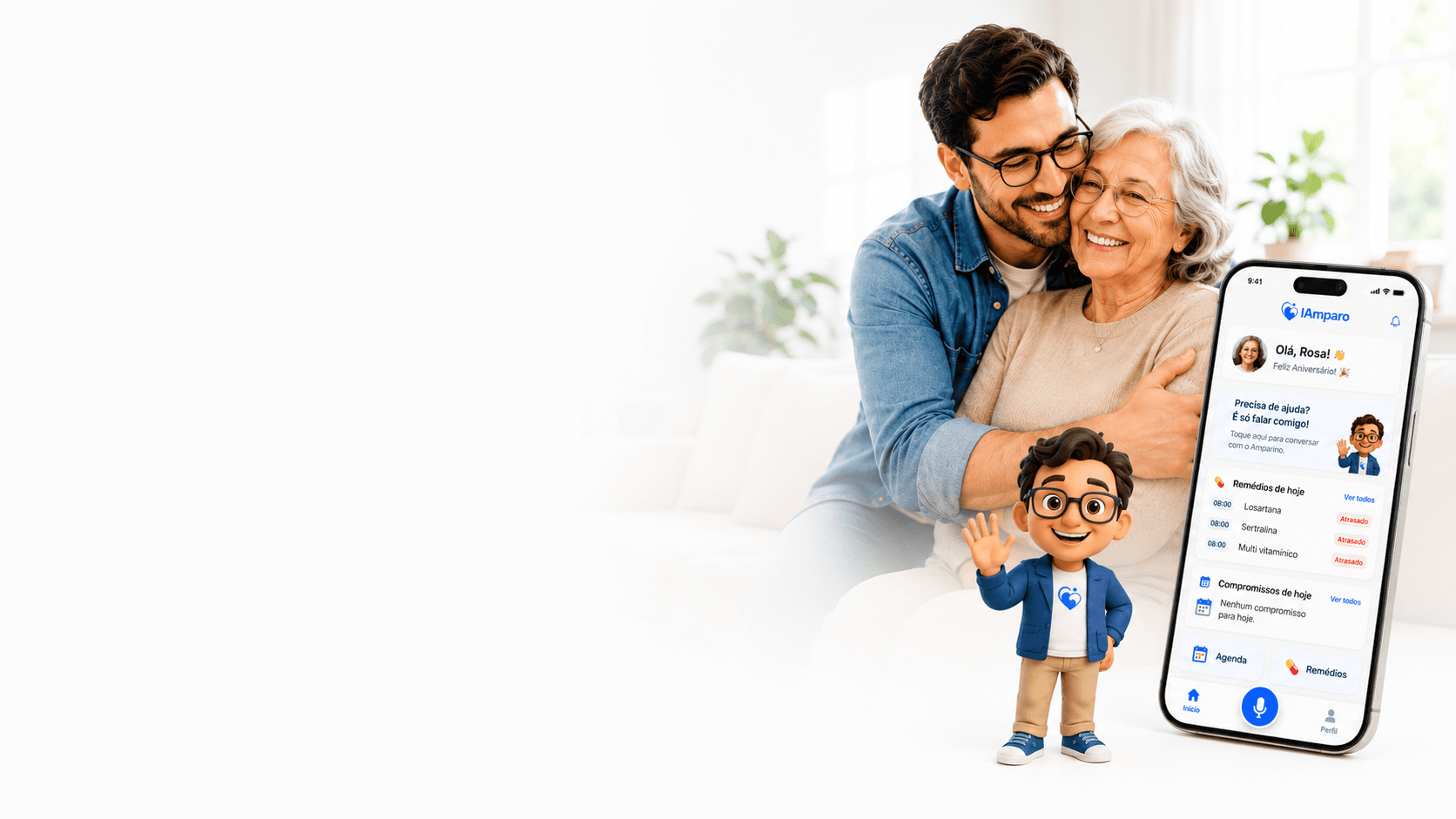 Filho abraçando a mãe, o Amparino acenando, e a tela do aplicativo IAmparo